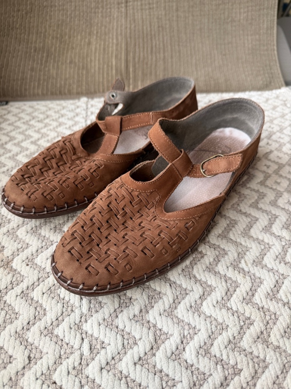 Rieker Woven Leather Mary Jane Flats in Cognac Brown